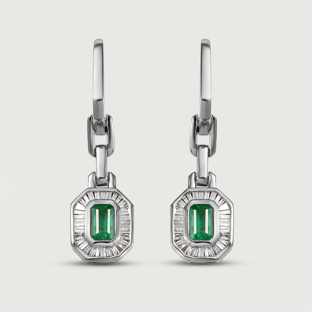 Grecian Octagon Emerald Halo Drop Earrings - Silver - Rachel Galley