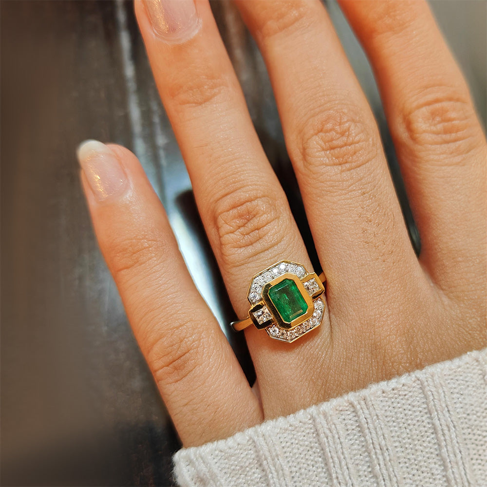 Grecian Octagon Emerald Halo Ring + Grecian Hammered Huggie Hoops