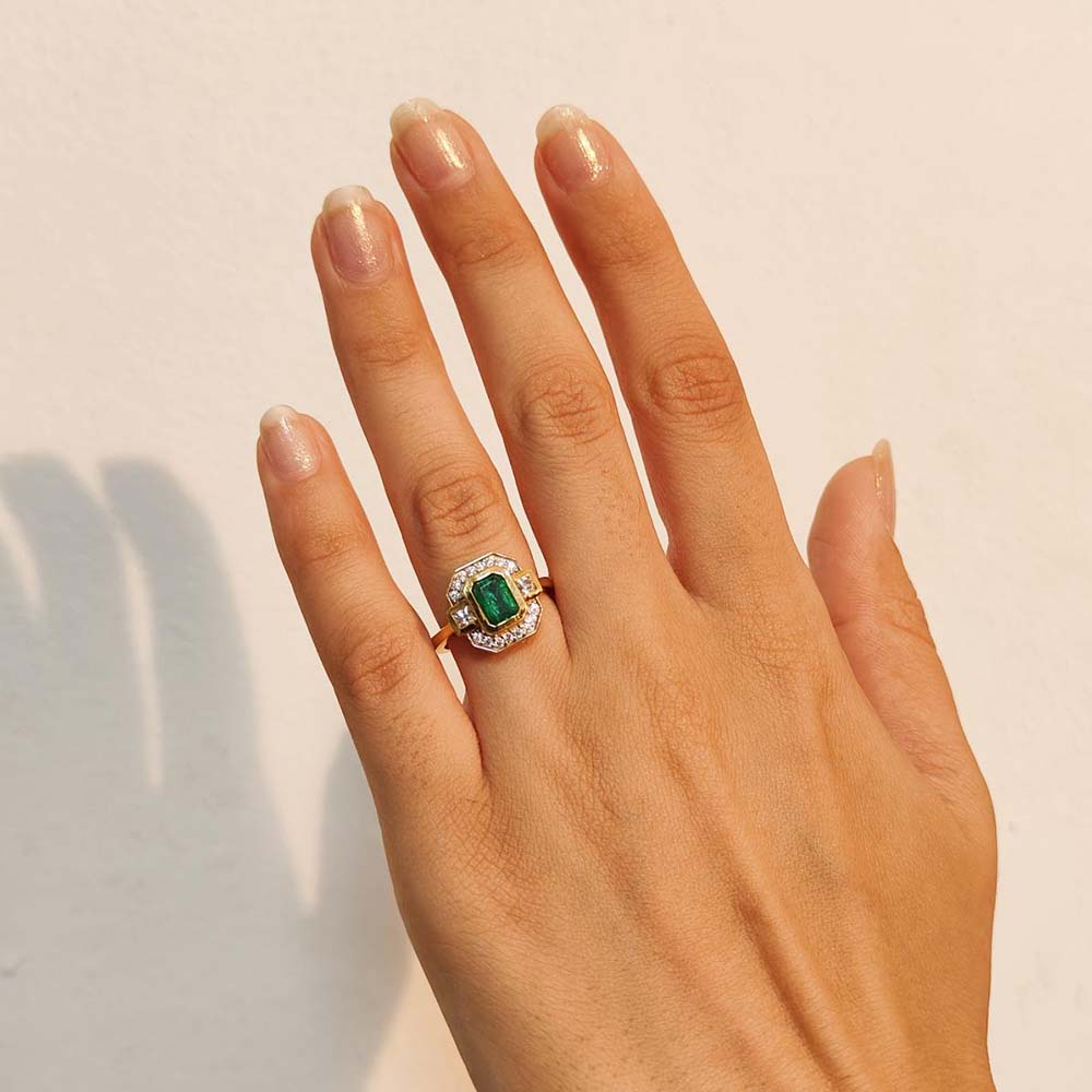 Grecian Octagon Emerald Halo Ring + Grecian Hammered Huggie Hoops