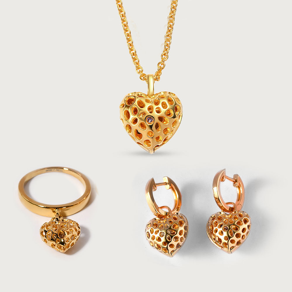 Angel Heart Necklace + Angel Heart Hoop Earrings + Angel Heart Charm Ring with Tanzanite