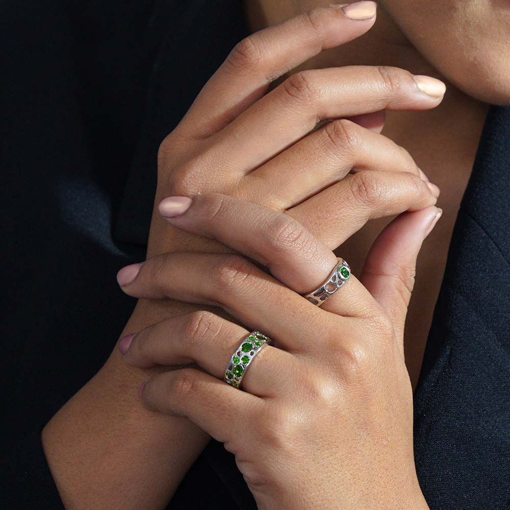 Diopside Lattice Band Ring + Lattice Solitaire Ring with Chrome Diopside + Lattice Solitaire Hoops with Chrome Diopside