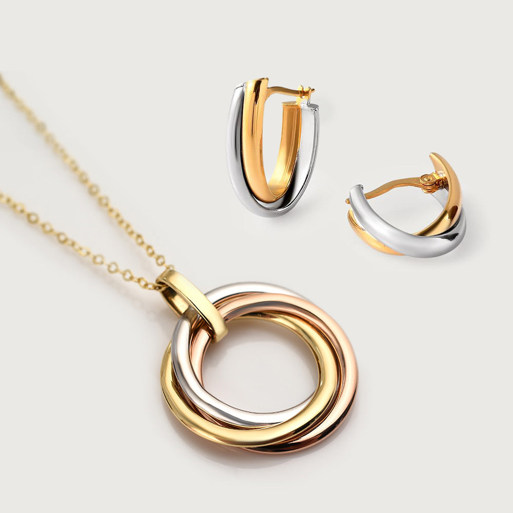 18K Allegro Triple Knot Pendant + 9K Love Knot Dual Tone Hoops