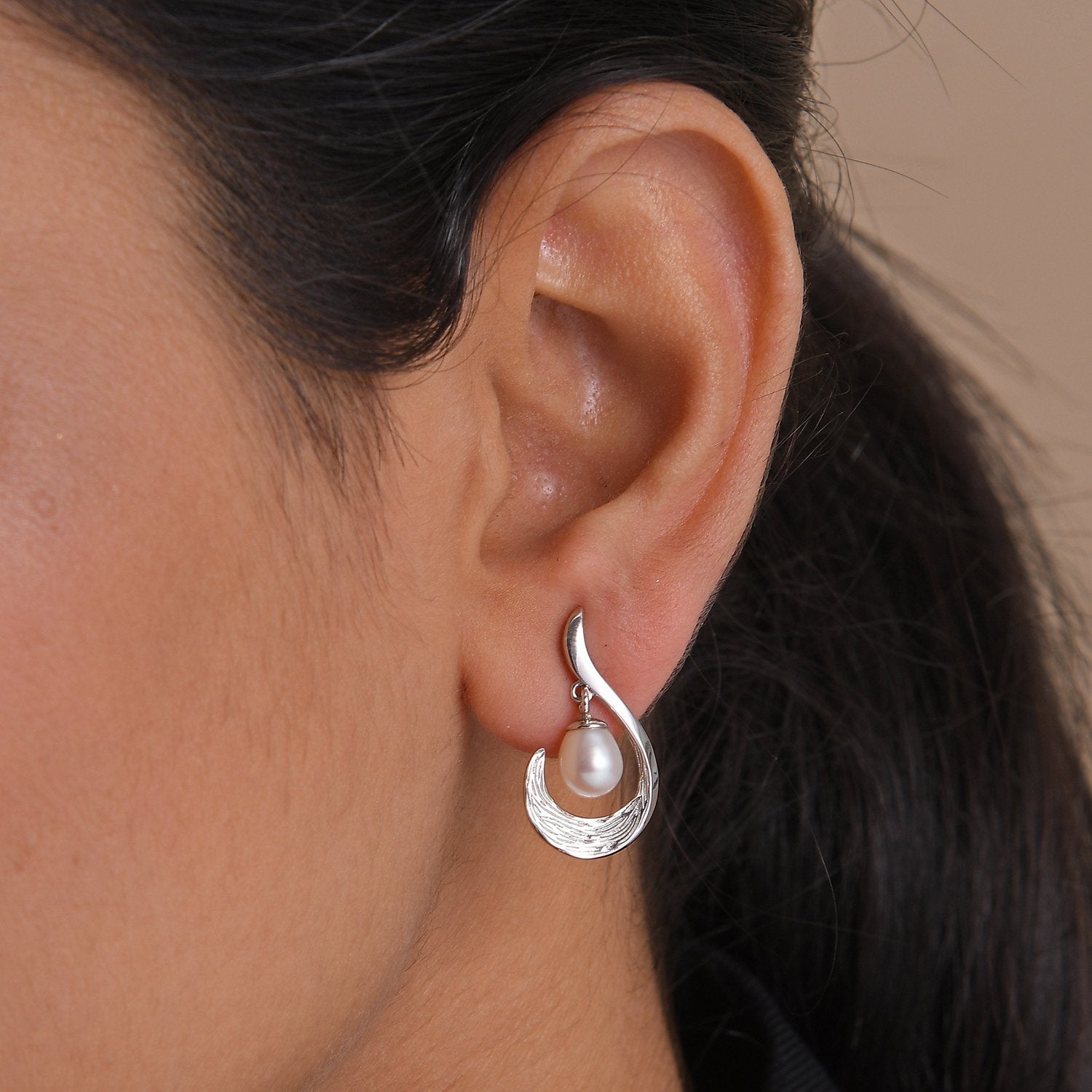 Ocean Wave Ring + Ocean Wave Drop Earrings with Freshwater White Pearls