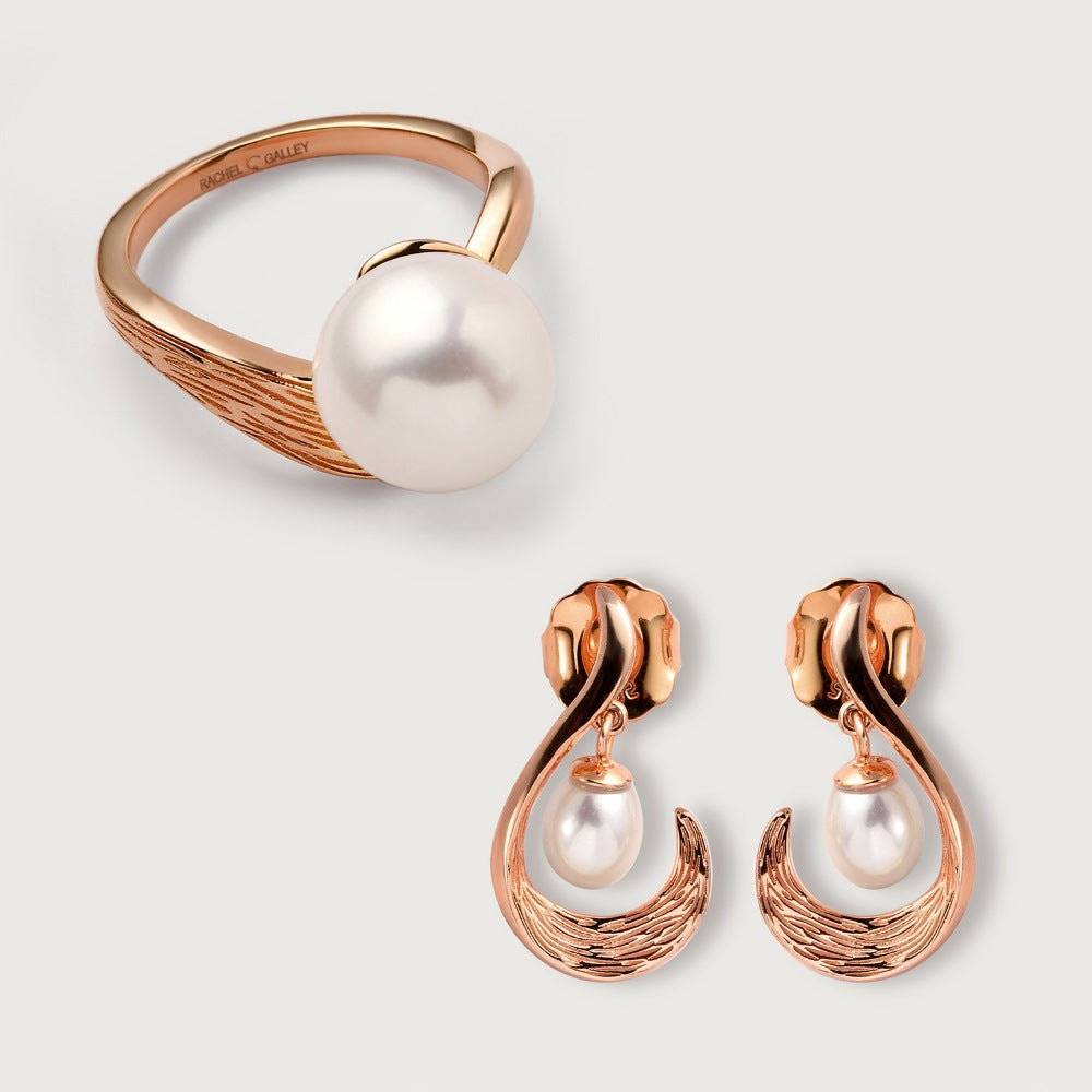 Ocean Wave Ring + Ocean Wave Drop Earrings with Freshwater White Pearls