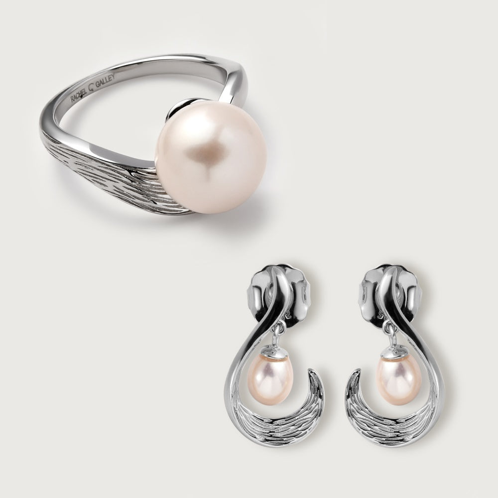 Ocean Wave Ring + Ocean Wave Drop Earrings with Freshwater White Pearls