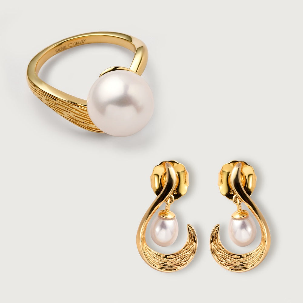 Ocean Wave Ring + Ocean Wave Drop Earrings with Freshwater White Pearls