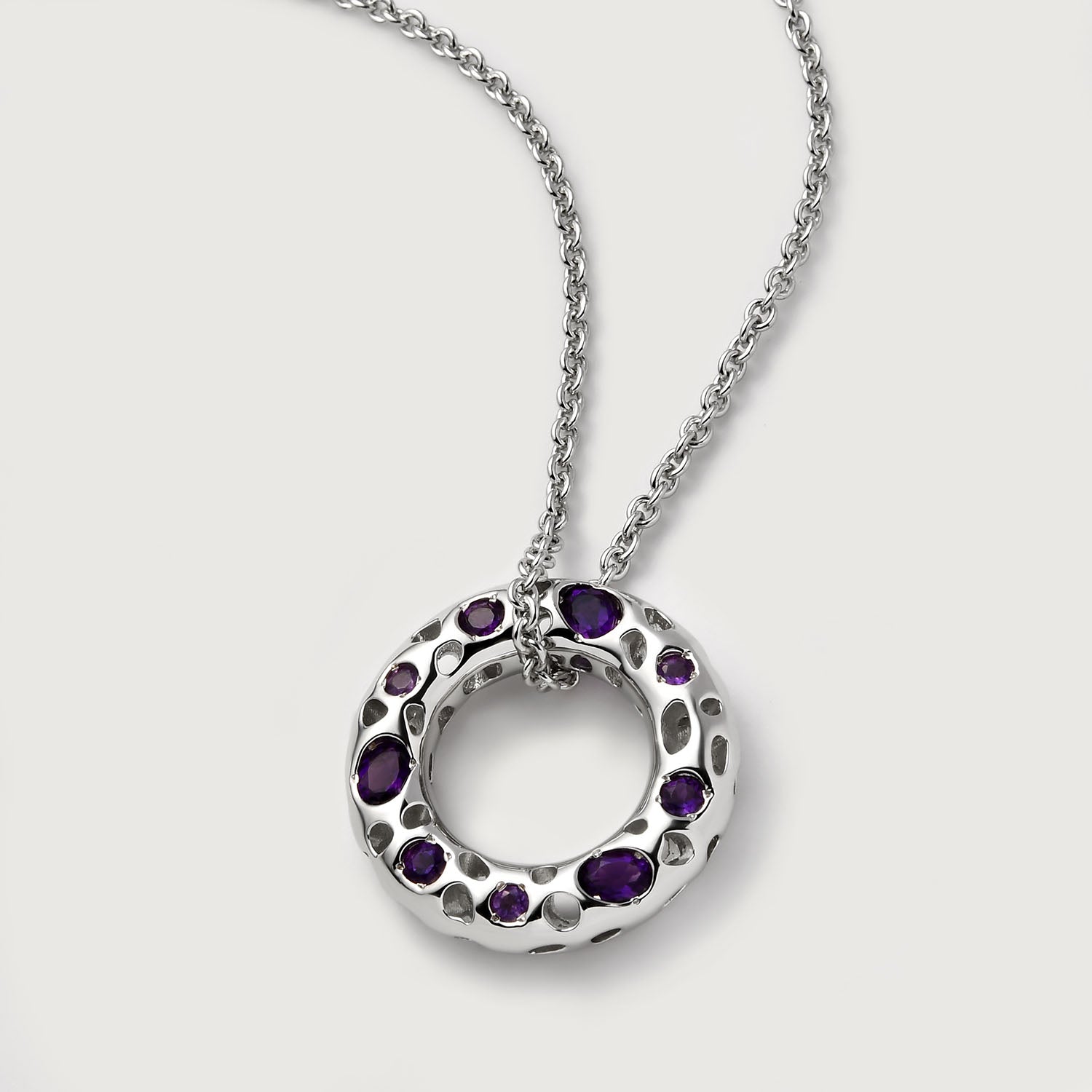 Allegro Loop Pendant with Amethyst + Lattice Disc Stud Earrings with Amethyst + Allegro Amethyst Cocktail Solitaire Ring