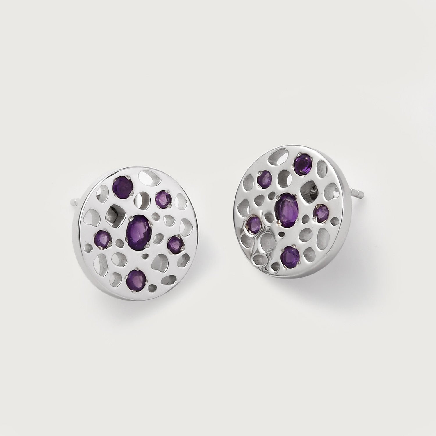 Allegro Amethyst Cocktail Solitaire Ring + Lattice Disc Stud Earrings with Amethyst