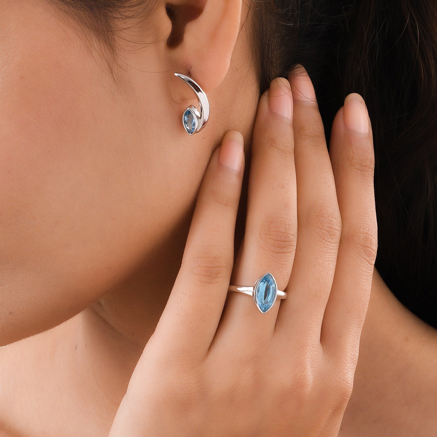 Surf Moon Ring + Surf Moon Earrings + Surf Moon Pendant with Swiss Blue Topaz