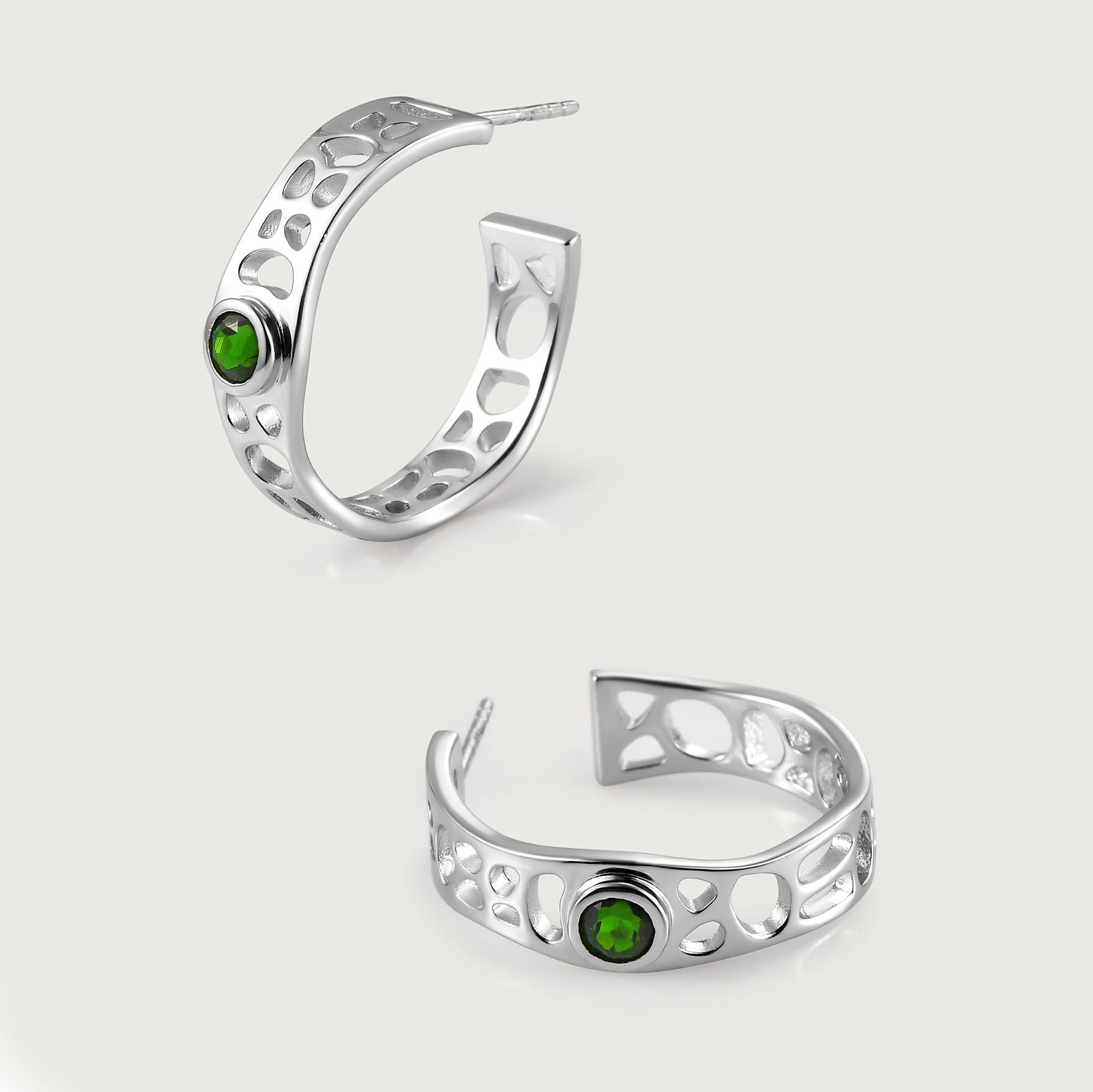 Diopside Lattice Band Ring + Lattice Solitaire Ring with Chrome Diopside + Lattice Solitaire Hoops with Chrome Diopside