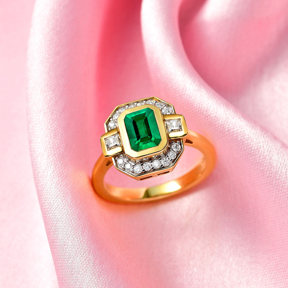 Grecian Octagon Emerald Halo Ring + Grecian Hammered Huggie Hoops