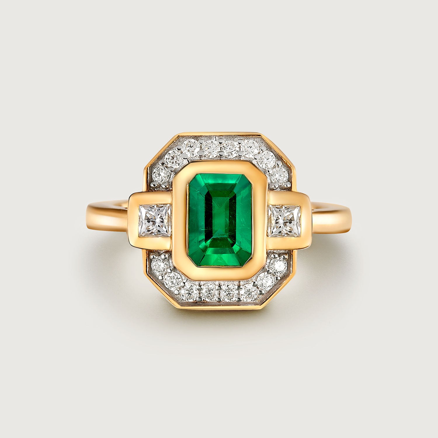 Grecian Octagon Emerald Halo Ring + Grecian Hammered Huggie Hoops