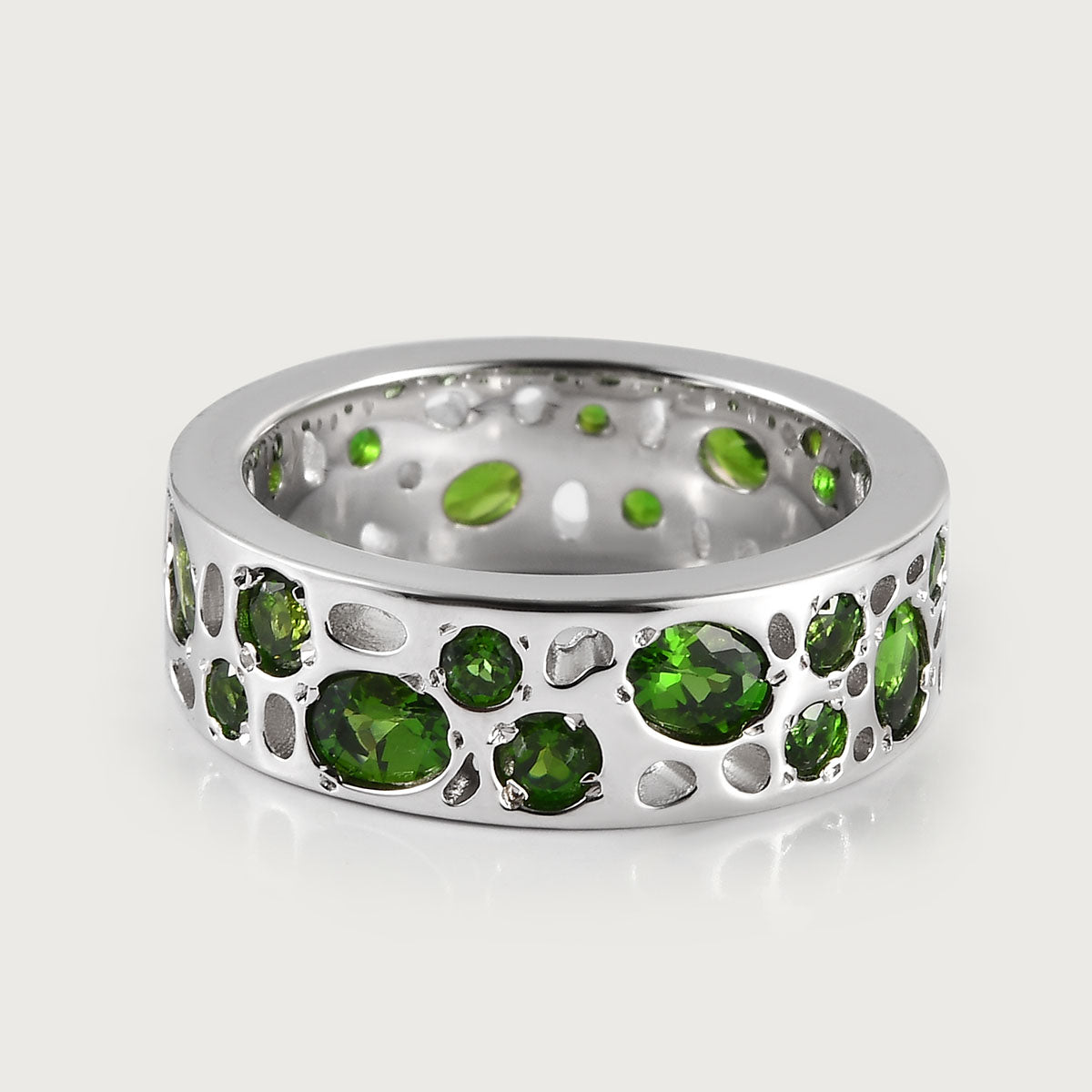 Diopside Lattice Band Ring + Lattice Solitaire Ring with Chrome Diopside