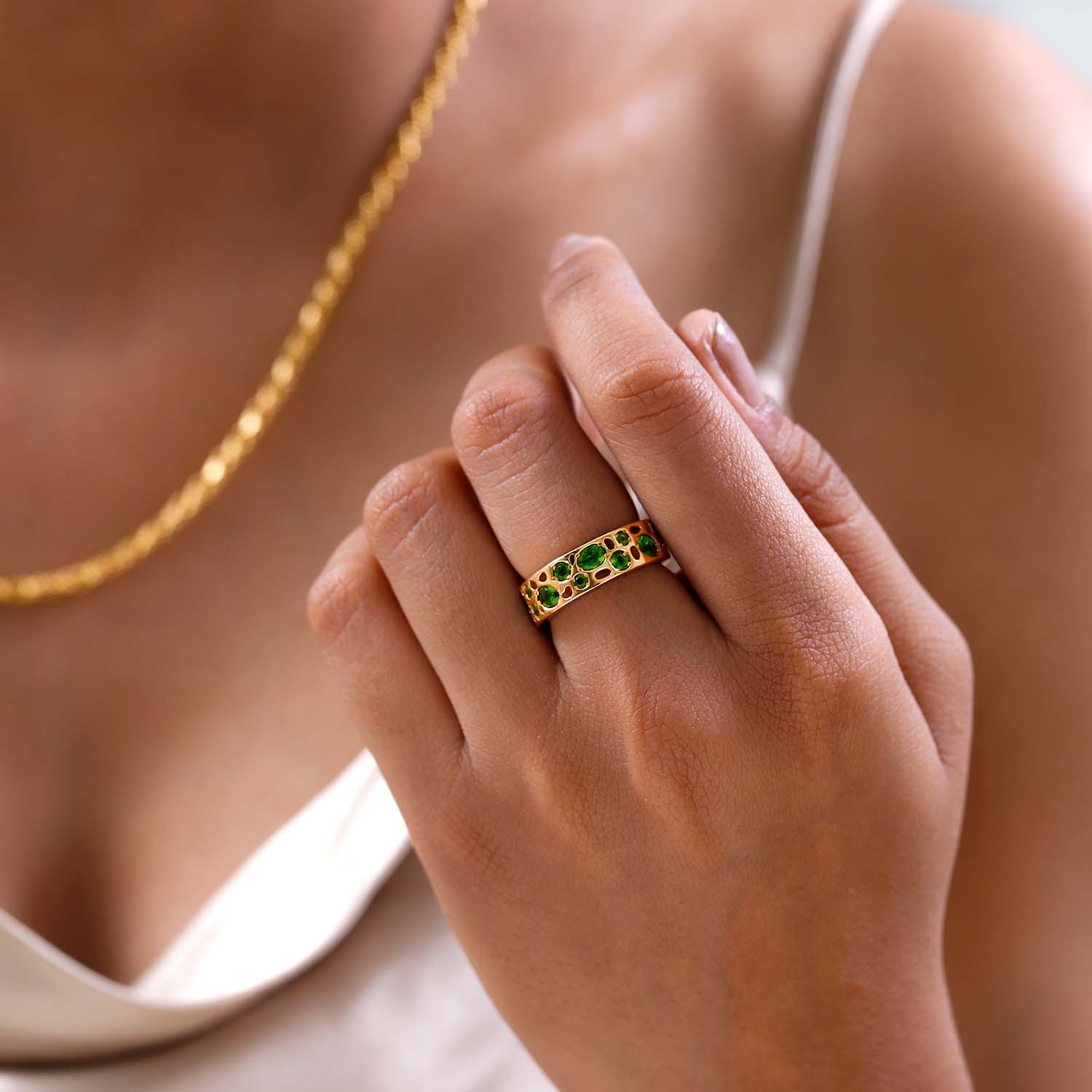 Diopside Lattice Band Ring + Lattice Solitaire Ring with Chrome Diopside + Lattice Solitaire Hoops with Chrome Diopside