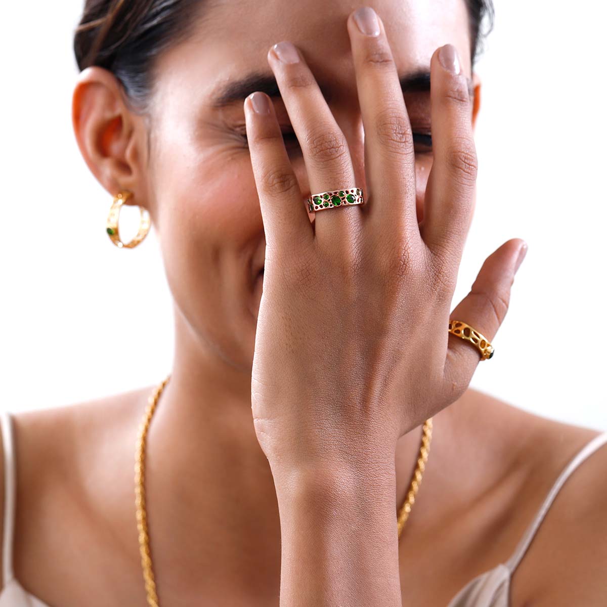 Diopside Lattice Band Ring + Lattice Solitaire Ring with Chrome Diopside + Lattice Solitaire Hoops with Chrome Diopside