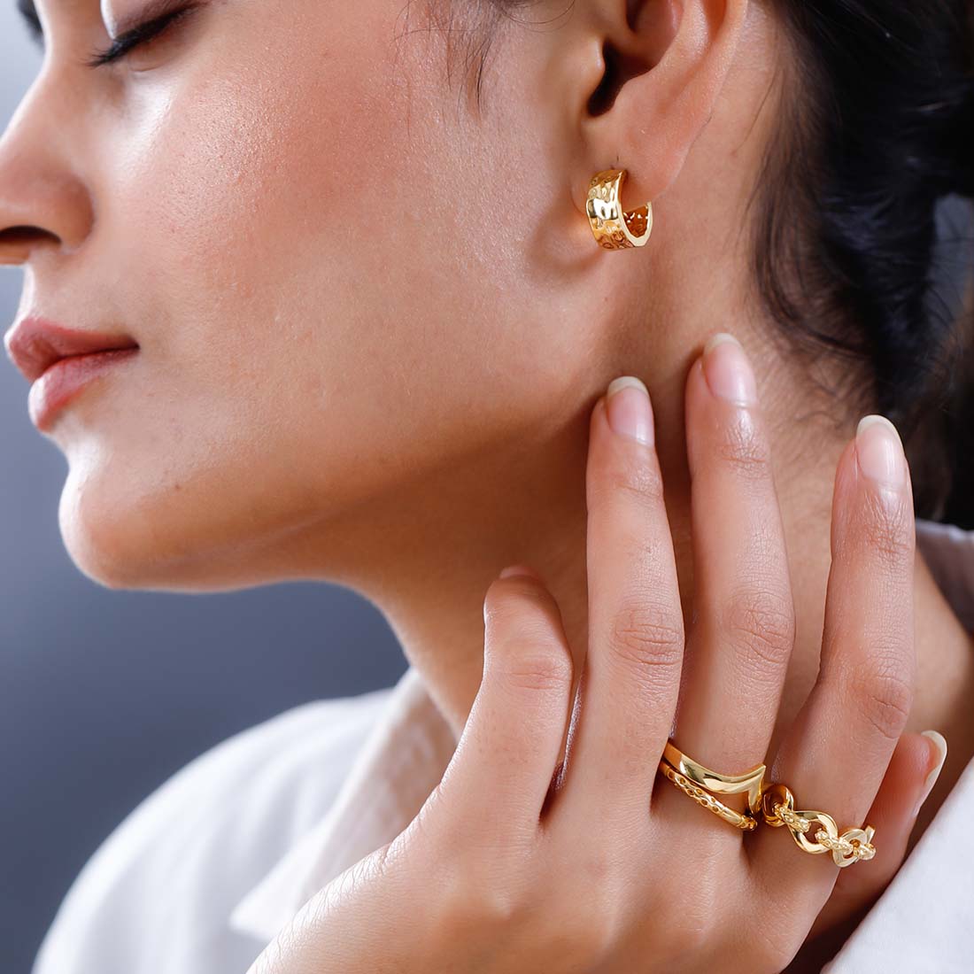 Grecian Wishbone Stacking Ring + Grecian Hammered Huggie Hoops + Molto Round Stud Earrings