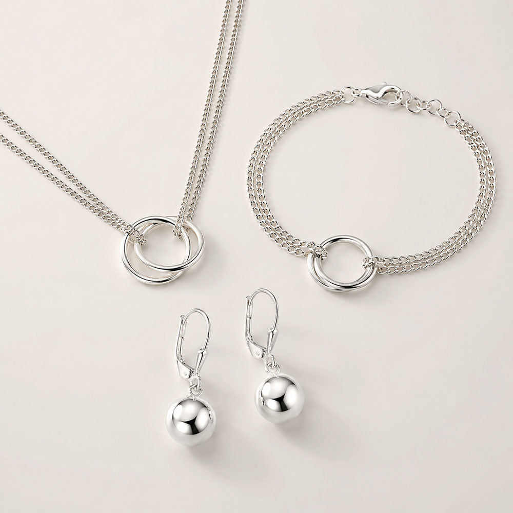 Molto Dual Wave Chain Necklace + Molto Wave Dual Chain Bracelet + Ball Drop Earrings