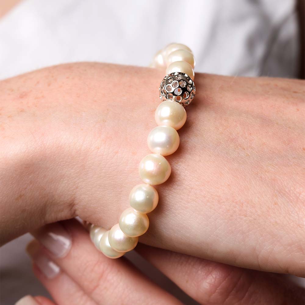 Ocean Wave Ring with White Freshwater Pearl + Globe Bead Bracelet with White Freshwater Pearls