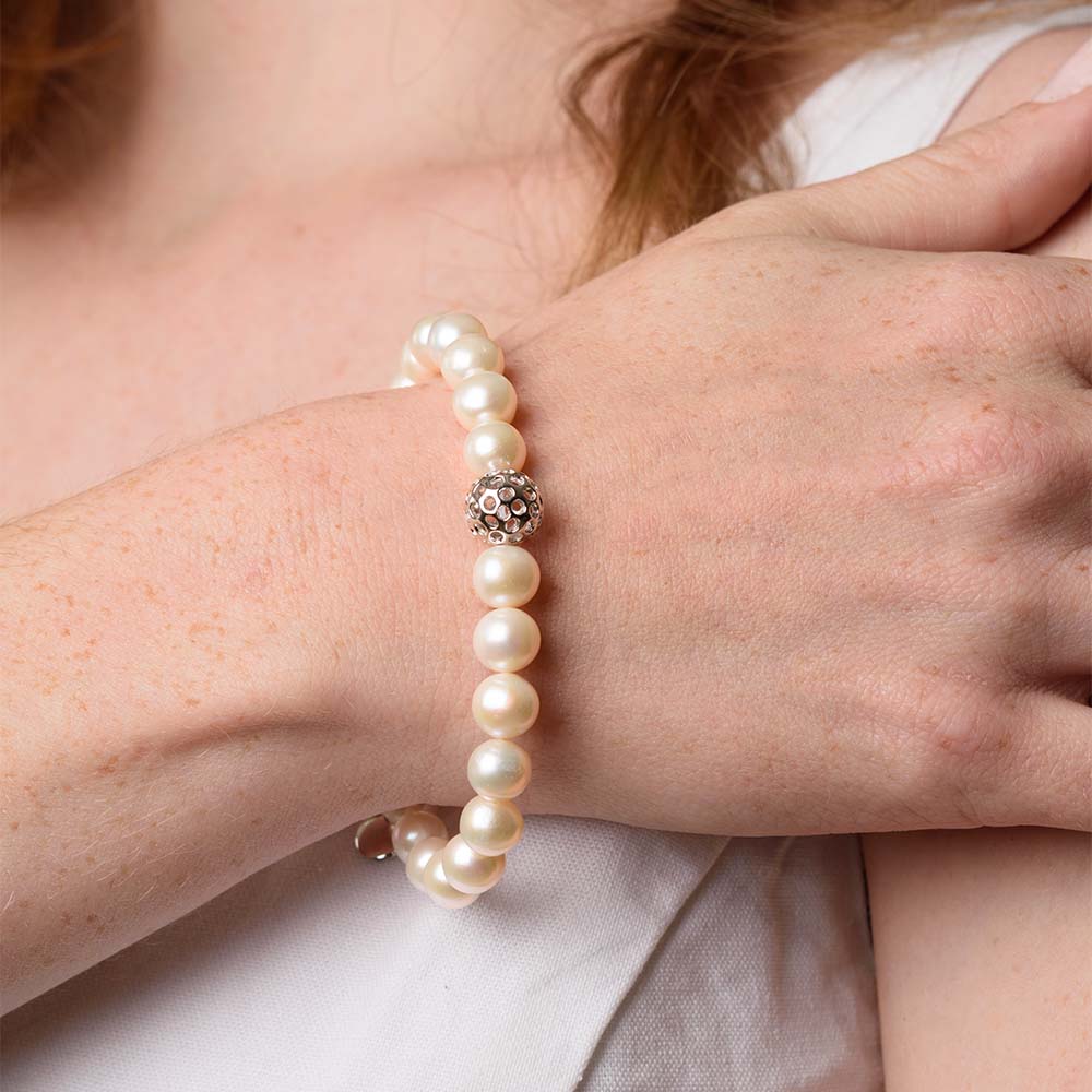 Ocean Wave Ring with White Freshwater Pearl + Globe Bead Bracelet with White Freshwater Pearls