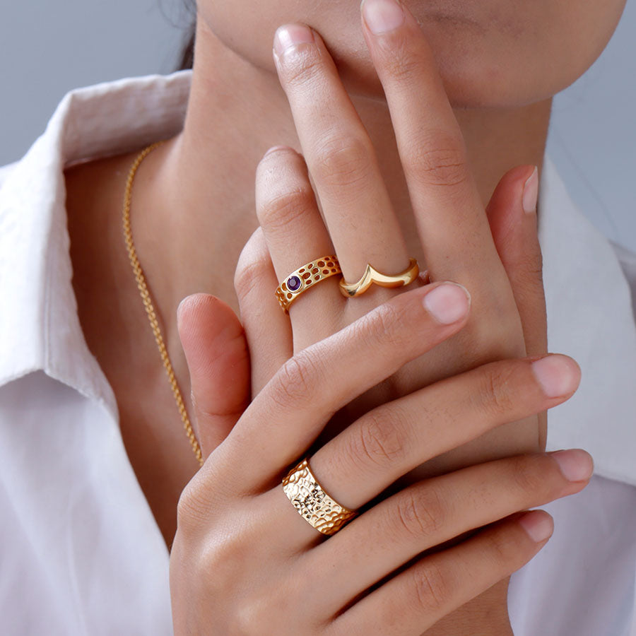 Grecian Wishbone Stacking Ring + Grecian Hammered Huggie Hoops + Molto Round Stud Earrings