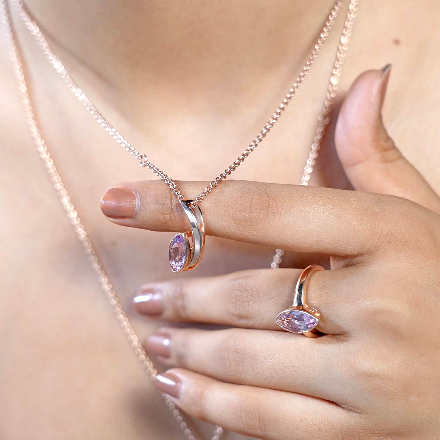 Surf Moon Ring + Surf Moon Earrings + Surf Moon Pendant with Pink Amethyst