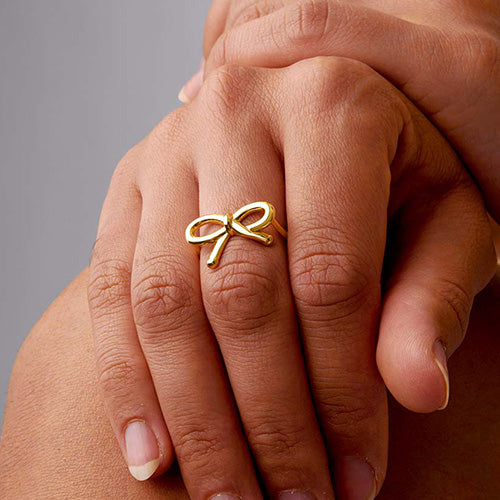 9K Yellow Gold Sweet Bow Ribbon Ring + 9K Gold Kiss Necklace