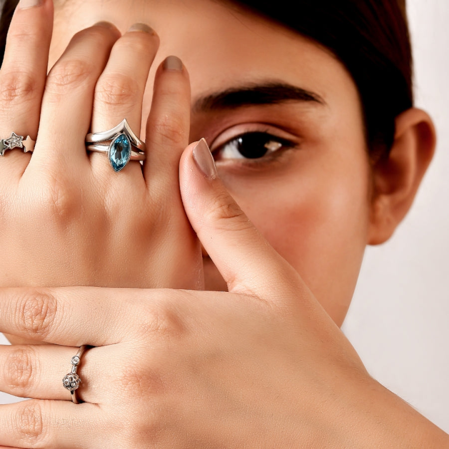 Surf Moon Ring with Swiss Blue Topaz + Surf Moon Pendant with Swiss Blue Topaz